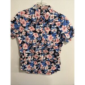 bklyn athletics Large Floral Hawaii Button Down Shirt Tight Fit‎ Blue Pink